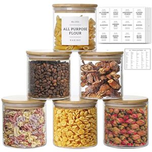 20 oz glass food storage jars with 132 pantry labels preprinted – 6 pcs thicken glass storage containers with airtight bamboo lid – clear kitchen canister for spice, tea, coffee, sugar, cookie, candy