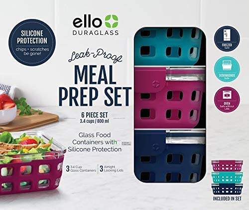 Ello DuraGlass Glass Food Storage Meal Prep Containers with Silicone Sleeve and Airtight Lids, 6 Piece 3 Pack, Mixed Berry