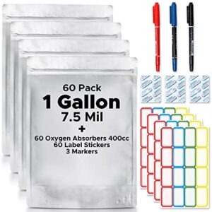 60 packs 1 gallon mylar bags 7.5 mil for food storage with 400cc oxygen absorbers – stand up long term food storage mylar bags – resealable bags for food – gallon mylar bags – large mylar ziplock bags