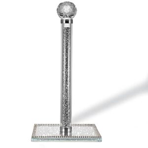 handmade silver paper towel roll holder, filled with sparkly crystal crushed diamonds for kitchen / bathroom towel tissue roll countertop, 13inch height 6.3inch square base freestanding holder