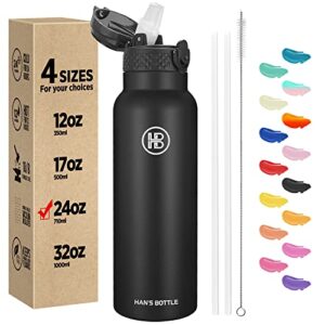 han’s bottle sports water bottle – 24 oz, straw lid, leak proof, vacuum insulated stainless steel, double walled, thermo mug,black