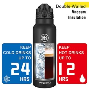 Han's Bottle Sports Water Bottle - 24 Oz, Straw Lid, Leak Proof, Vacuum Insulated Stainless Steel, Double Walled, Thermo Mug,Black