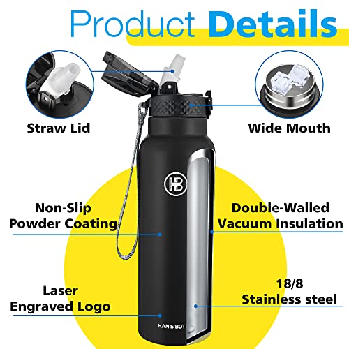 Han's Bottle Sports Water Bottle - 24 Oz, Straw Lid, Leak Proof, Vacuum Insulated Stainless Steel, Double Walled, Thermo Mug,Black