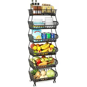 Fruit and Vegetable Storage - 6 Tier Fruit Basket Stand for Kitchen Floor, Metal Wire Storage Backets with Wheels for Produce Pantry Vegtable Organizer
