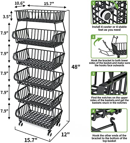 Fruit and Vegetable Storage - 6 Tier Fruit Basket Stand for Kitchen Floor, Metal Wire Storage Backets with Wheels for Produce Pantry Vegtable Organizer