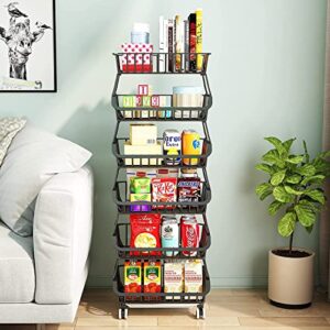 Fruit and Vegetable Storage - 6 Tier Fruit Basket Stand for Kitchen Floor, Metal Wire Storage Backets with Wheels for Produce Pantry Vegtable Organizer