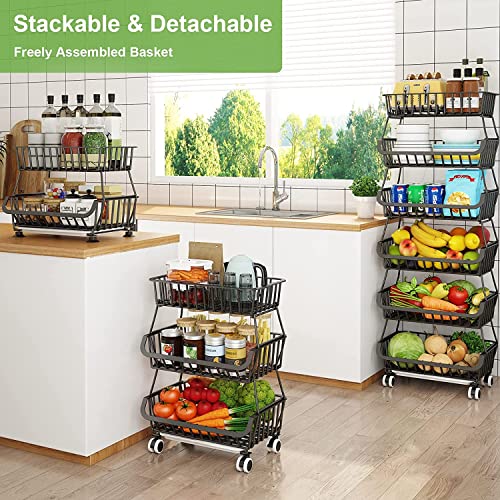 Fruit and Vegetable Storage - 6 Tier Fruit Basket Stand for Kitchen Floor, Metal Wire Storage Backets with Wheels for Produce Pantry Vegtable Organizer