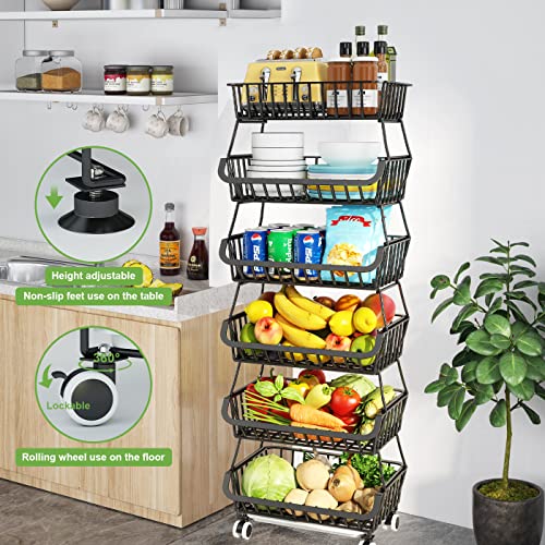 Fruit and Vegetable Storage - 6 Tier Fruit Basket Stand for Kitchen Floor, Metal Wire Storage Backets with Wheels for Produce Pantry Vegtable Organizer