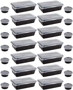 plastic meal prep container set (28 pieces) – 32 oz food storage containers (14pcs) & 2 oz sauce cups with lids (14pcs) – microwavable & freezable reusable lunch boxes – bpa-free dishwasher safe