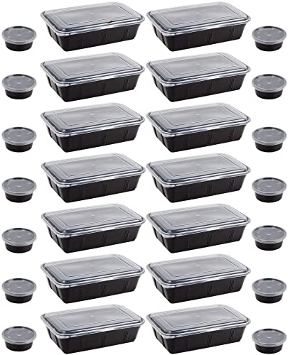 Plastic Meal Prep Container Set (28 Pieces) - 32 oz Food Storage Containers (14PCS) & 2 oz Sauce Cups with Lids (14PCS) - Microwavable & Freezable Reusable Lunch Boxes - BPA-Free Dishwasher Safe