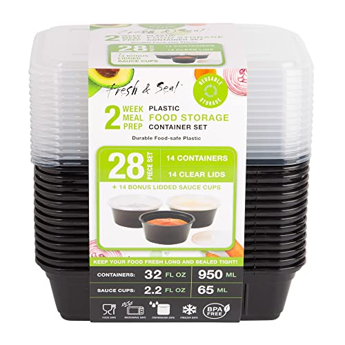 Plastic Meal Prep Container Set (28 Pieces) - 32 oz Food Storage Containers (14PCS) & 2 oz Sauce Cups with Lids (14PCS) - Microwavable & Freezable Reusable Lunch Boxes - BPA-Free Dishwasher Safe