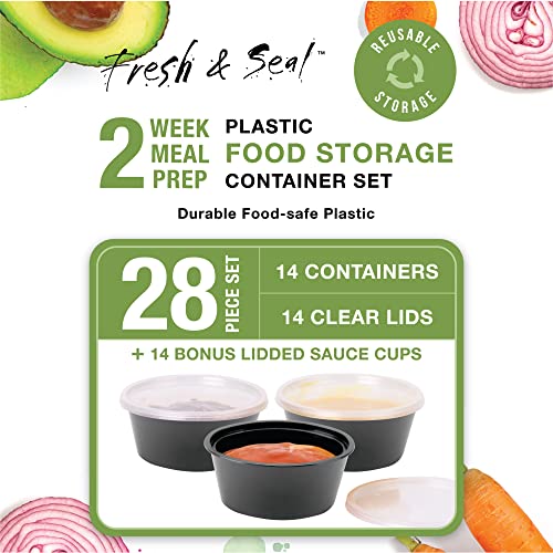 Plastic Meal Prep Container Set (28 Pieces) - 32 oz Food Storage Containers (14PCS) & 2 oz Sauce Cups with Lids (14PCS) - Microwavable & Freezable Reusable Lunch Boxes - BPA-Free Dishwasher Safe