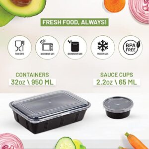 Plastic Meal Prep Container Set (28 Pieces) - 32 oz Food Storage Containers (14PCS) & 2 oz Sauce Cups with Lids (14PCS) - Microwavable & Freezable Reusable Lunch Boxes - BPA-Free Dishwasher Safe
