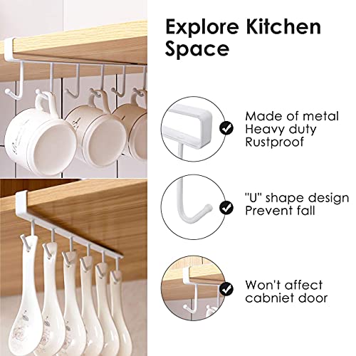 Fusiontec Cup Holder Hanger Under Cabinet - Mug Hook Hanger Under Shelf - 3pcs x 6 Hook Coffee Cup Mug Holder Hanger for Kitchen - Fit for 0.8 Inch Thickness Shelf or LessˆWhite‰