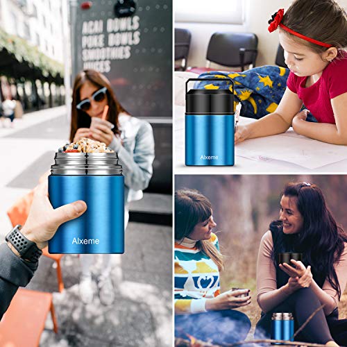 Soup Thermos Food Jar Insulated Lunch Container Bento Box for Cold Hot Food 27oz Food Flask Wide Mouth Stainless Steel Vacuum Lunch Box for Kids Adult with Spoon Flexible Handle Leak Proof – Blue