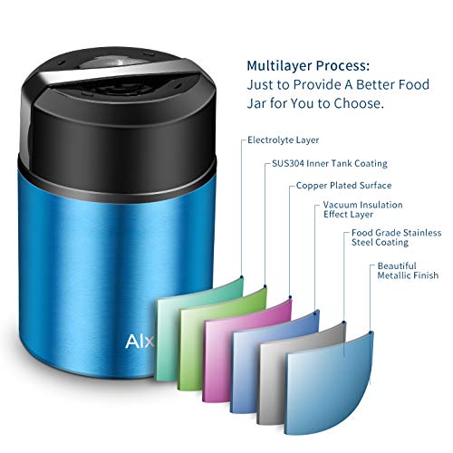 Soup Thermos Food Jar Insulated Lunch Container Bento Box for Cold Hot Food 27oz Food Flask Wide Mouth Stainless Steel Vacuum Lunch Box for Kids Adult with Spoon Flexible Handle Leak Proof – Blue