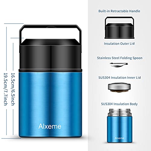 Soup Thermos Food Jar Insulated Lunch Container Bento Box for Cold Hot Food 27oz Food Flask Wide Mouth Stainless Steel Vacuum Lunch Box for Kids Adult with Spoon Flexible Handle Leak Proof – Blue