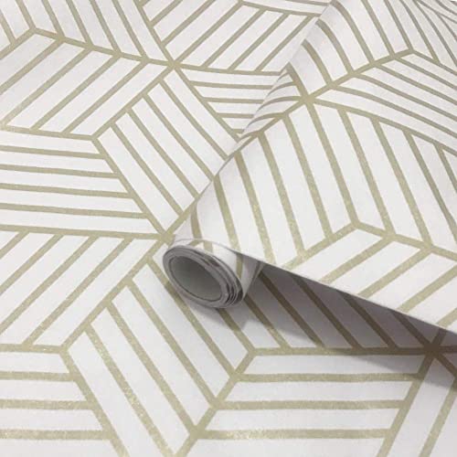 White and Gold Geometry Stripped Hexagon Peel and Stick Contact Paper self Adhesive Wallpaper Removable Vinyl Film Decorative Shelf Drawer Liner Sticker 118 inch x17.7 inch