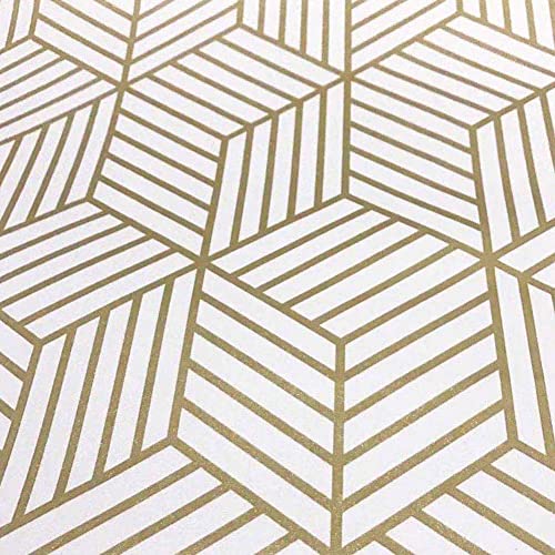 White and Gold Geometry Stripped Hexagon Peel and Stick Contact Paper self Adhesive Wallpaper Removable Vinyl Film Decorative Shelf Drawer Liner Sticker 118 inch x17.7 inch