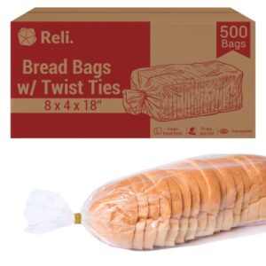 Reli. Bread Bags with Ties | 8 x 4 x 18" | 500 Pack (500 Twist Ties) | Bulk Bread Bags for Homemade Bread | Plastic Bread Bags for Bakery, Bread Storage | Bread Loaf Packing Bags | Clear, Large