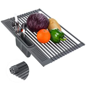 attsil roll-up dish drying rack, multifunctional rollable over sink dish rack with utensil holder, foldable silicone wrapped steel drain rack for kitchen sink counter, 16.85″(l) x 12″(w)