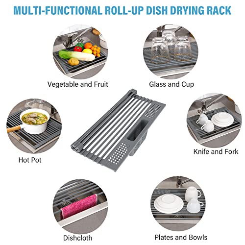 ATTSIL Roll-Up Dish Drying Rack, Multifunctional Rollable Over Sink Dish Rack with Utensil Holder, Foldable Silicone Wrapped Steel Drain Rack for Kitchen Sink Counter, 16.85"(L) x 12"(W)