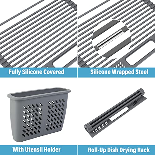 ATTSIL Roll-Up Dish Drying Rack, Multifunctional Rollable Over Sink Dish Rack with Utensil Holder, Foldable Silicone Wrapped Steel Drain Rack for Kitchen Sink Counter, 16.85"(L) x 12"(W)