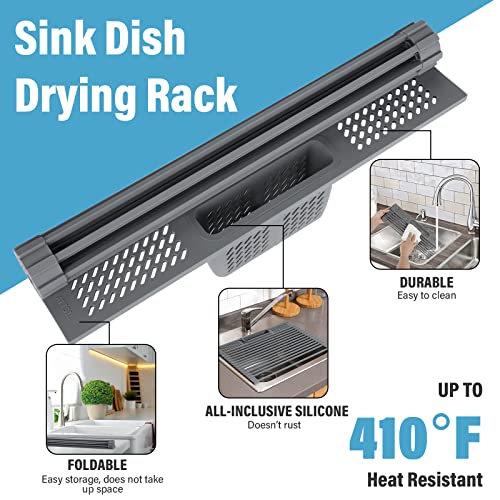 ATTSIL Roll-Up Dish Drying Rack, Multifunctional Rollable Over Sink Dish Rack with Utensil Holder, Foldable Silicone Wrapped Steel Drain Rack for Kitchen Sink Counter, 16.85"(L) x 12"(W)