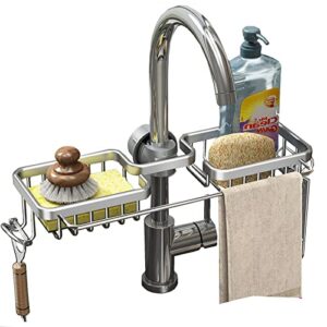 simcas sponge holder for kitchen sink, over the sink shelf sponge caddy, stainless detachable faucet drain rack for kitchen sink organizer and storage, bathroom (double with dishcloth rack, silver)