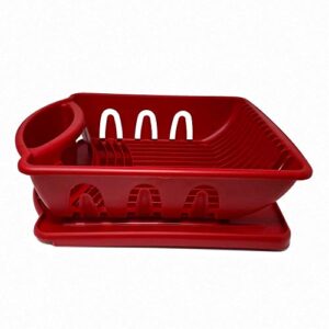 sturdy hard plastic red sink set dish rack with drainer & drainboard, easy to clean with snap lock tab cup holders for home kitchen sink organizer (red, medium)