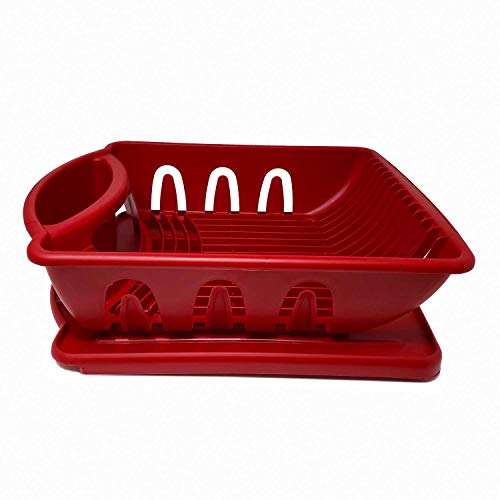 Sturdy Hard Plastic Red Sink Set Dish Rack with Drainer & Drainboard, Easy to Clean with Snap Lock Tab Cup Holders for Home Kitchen Sink Organizer (Red, Medium)