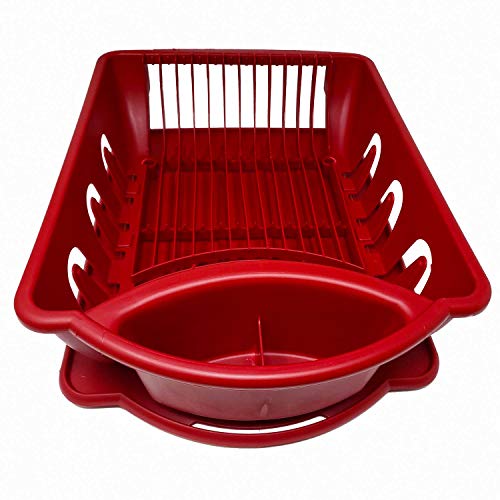 Sturdy Hard Plastic Red Sink Set Dish Rack with Drainer & Drainboard, Easy to Clean with Snap Lock Tab Cup Holders for Home Kitchen Sink Organizer (Red, Medium)