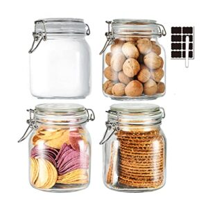 ZALSSKE 34oz Glass Food Storage Jars with Airtight Clamp Lids,Set of 4 Airtight Glass Canister Square- Clear Storage Container for Kitchen Container Storing Sugar, Flour, Cereal,Coffee,Spice…