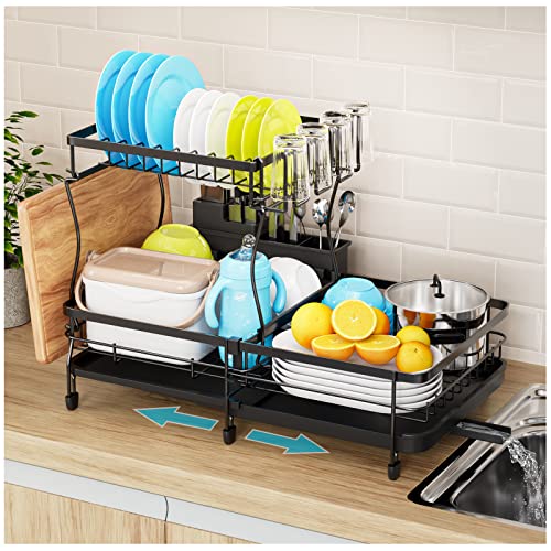 SNSLXH Large Dish Drying Rack Drainboard Set, Expandable 2 Tier Dish Racks for Kitchen Counter, Dish Rack with Drainage, Utensils Holder, Cup Holder-Black