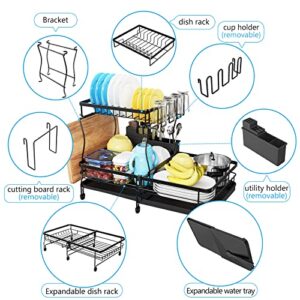 SNSLXH Large Dish Drying Rack Drainboard Set, Expandable 2 Tier Dish Racks for Kitchen Counter, Dish Rack with Drainage, Utensils Holder, Cup Holder-Black