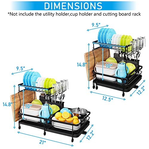 SNSLXH Large Dish Drying Rack Drainboard Set, Expandable 2 Tier Dish Racks for Kitchen Counter, Dish Rack with Drainage, Utensils Holder, Cup Holder-Black