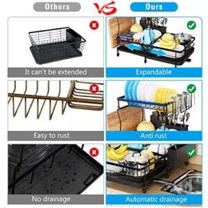 SNSLXH Large Dish Drying Rack Drainboard Set, Expandable 2 Tier Dish Racks for Kitchen Counter, Dish Rack with Drainage, Utensils Holder, Cup Holder-Black