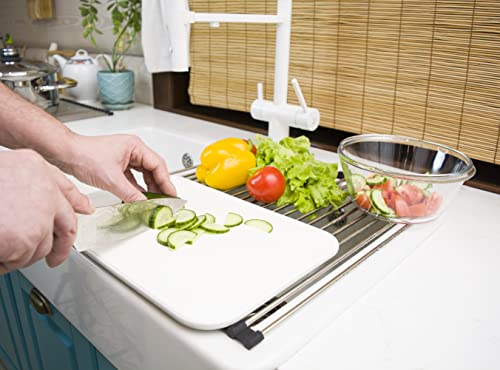 Roll Up Dish Drying Rack 21" x 16" - Over The Sink for Kitchen Counter, Foldable SUS304 Stainless Steel Dish Drying Rack for Cups, Utensils, Fruits, Vegetables