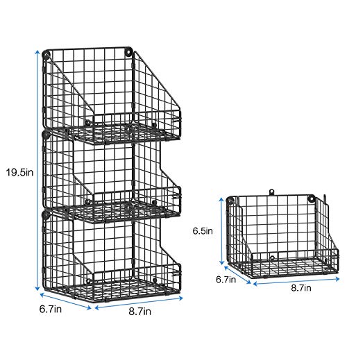 3 Tier Stackable Tea Bag Organizer with 5 Hooks Metal Wire Basket Coffee Condiment Snack Rack Holder Countertop Caddy Bin Wall Mount Shelf for Office Kitchen Cabinet Pantry Patent Desgin