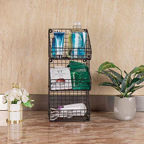 3 Tier Stackable Tea Bag Organizer with 5 Hooks Metal Wire Basket Coffee Condiment Snack Rack Holder Countertop Caddy Bin Wall Mount Shelf for Office Kitchen Cabinet Pantry Patent Desgin