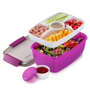 gifbera large salad container for lunch – 68 oz salad bowl with 5 compartments bento-style tray, 2 pieces salad dressing containers to go, leak-proof & bpa-free (purple)
