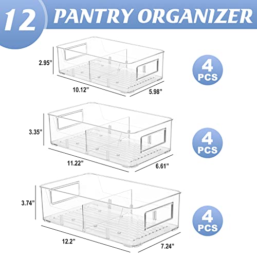 Plastic Storage Bins, ESARORA Stackable Clear Organizer Bins with Handle and Divider for Fridge, Cabinet, Bedroom, Closet, Bathroom, Office, Kitchen & Pantry Organization, 4 Small & 4 Medium & 4 Large