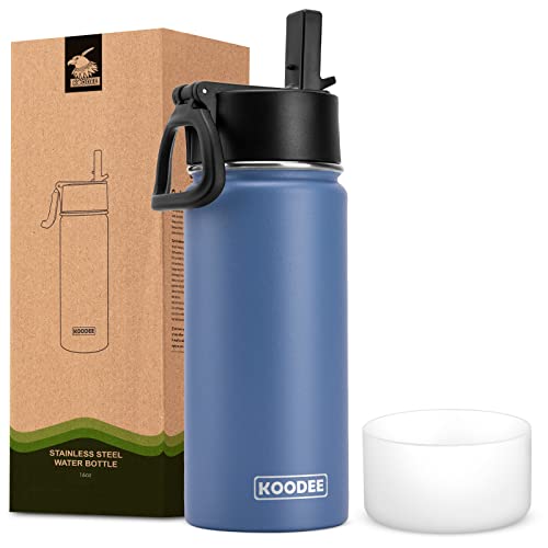 koodee 16 oz Water Bottle for Kids Stainless Steel Double Wall Vacuum Insulated Wide Mouth Flask with Leakproof Straw Lid (Royal Blue)