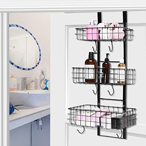 Detachable 3-Basket Over The Door Organizer, Heavy Duty Iron Hanging Shelf Door Back Storage Organizer Rack for Kitchen, Bathroom(Black).