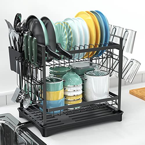 Xdsirone Dish Drying Rack, 2-Tier Dish Rack with Drainboard Cutlery Holder Cup Holder, Rustproof Dish Drainer for Kitchen Counter