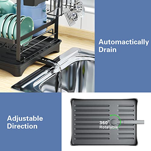 Xdsirone Dish Drying Rack, 2-Tier Dish Rack with Drainboard Cutlery Holder Cup Holder, Rustproof Dish Drainer for Kitchen Counter