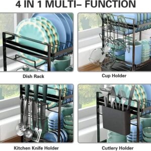 Xdsirone Dish Drying Rack, 2-Tier Dish Rack with Drainboard Cutlery Holder Cup Holder, Rustproof Dish Drainer for Kitchen Counter