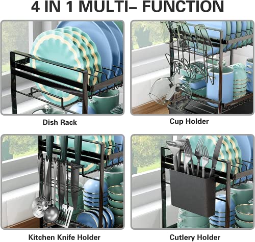 Xdsirone Dish Drying Rack, 2-Tier Dish Rack with Drainboard Cutlery Holder Cup Holder, Rustproof Dish Drainer for Kitchen Counter