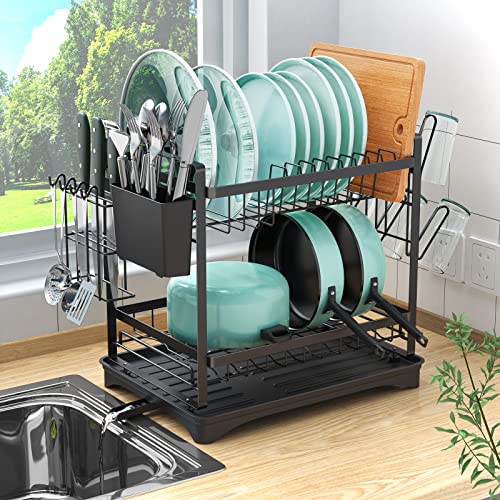 Xdsirone Dish Drying Rack, 2-Tier Dish Rack with Drainboard Cutlery Holder Cup Holder, Rustproof Dish Drainer for Kitchen Counter