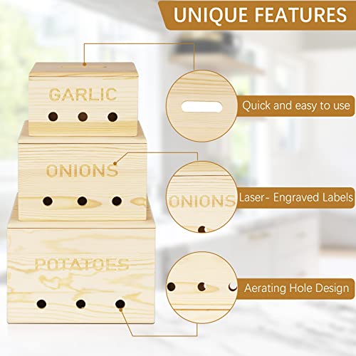 Edudif Potato and Onion Storage Bin Wooden Potato Storage Set of 3 Stackable Onion Storage with Aerating Storage Holes for Potato Onion Garlic Container